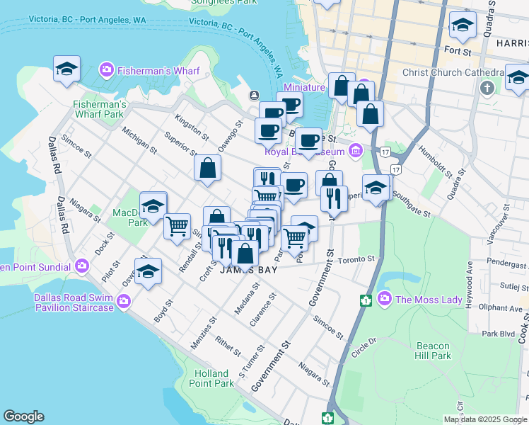 map of restaurants, bars, coffee shops, grocery stores, and more near 481 Michigan Street in Victoria