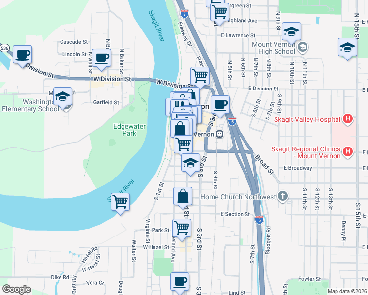 map of restaurants, bars, coffee shops, grocery stores, and more near 311 West Kincaid Street in Mount Vernon