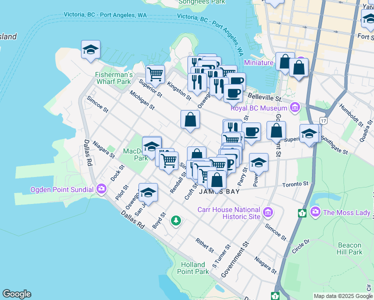 map of restaurants, bars, coffee shops, grocery stores, and more near 10 Alma Place in Victoria
