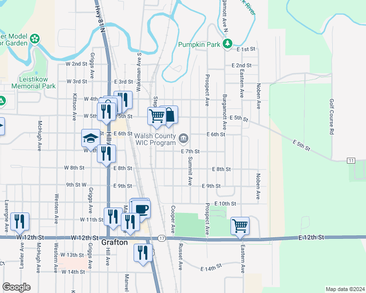 map of restaurants, bars, coffee shops, grocery stores, and more near 638 Cooper Avenue in Grafton
