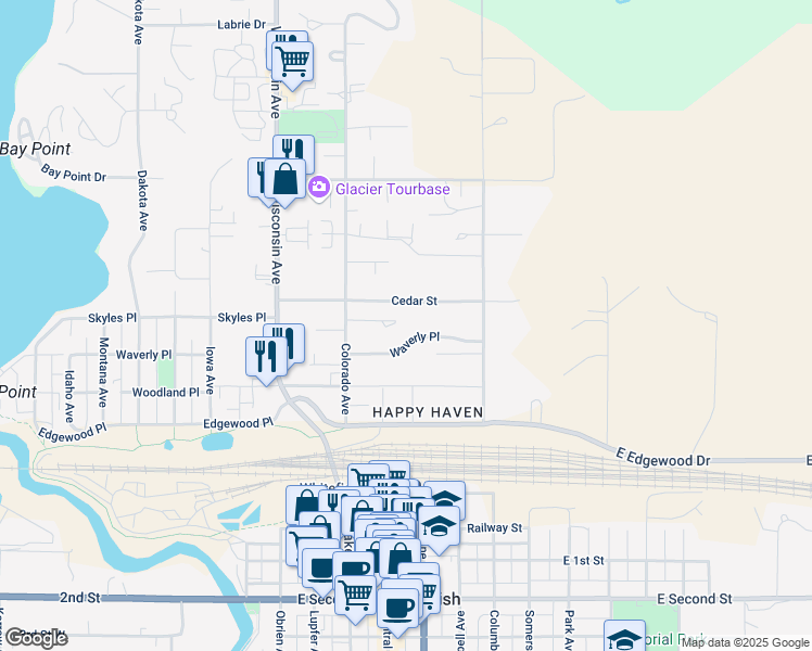 map of restaurants, bars, coffee shops, grocery stores, and more near 728 Cedar Street in Whitefish