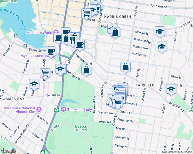 map of restaurants, bars, coffee shops, grocery stores, and more near in Victoria