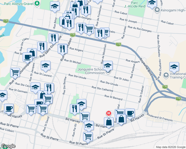 map of restaurants, bars, coffee shops, grocery stores, and more near 3683 Rue Saint Jules in Saguenay