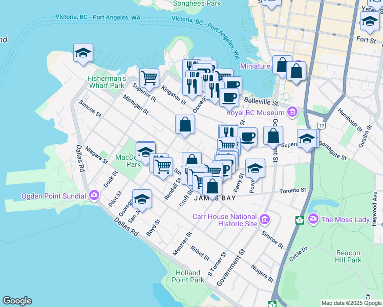 map of restaurants, bars, coffee shops, grocery stores, and more near 345 Michigan Street in Victoria