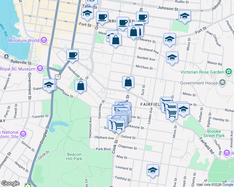 map of restaurants, bars, coffee shops, grocery stores, and more near 1024 Fairfield Road in Victoria
