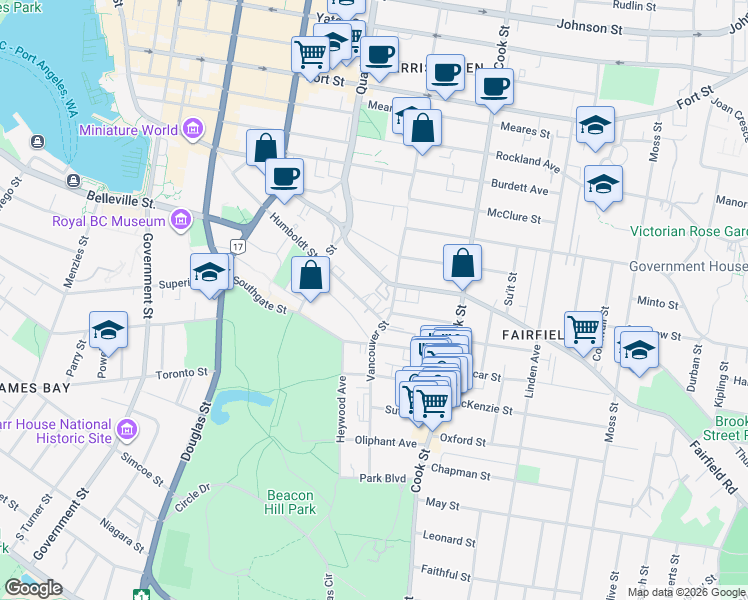 map of restaurants, bars, coffee shops, grocery stores, and more near 976 Humboldt Street in Victoria