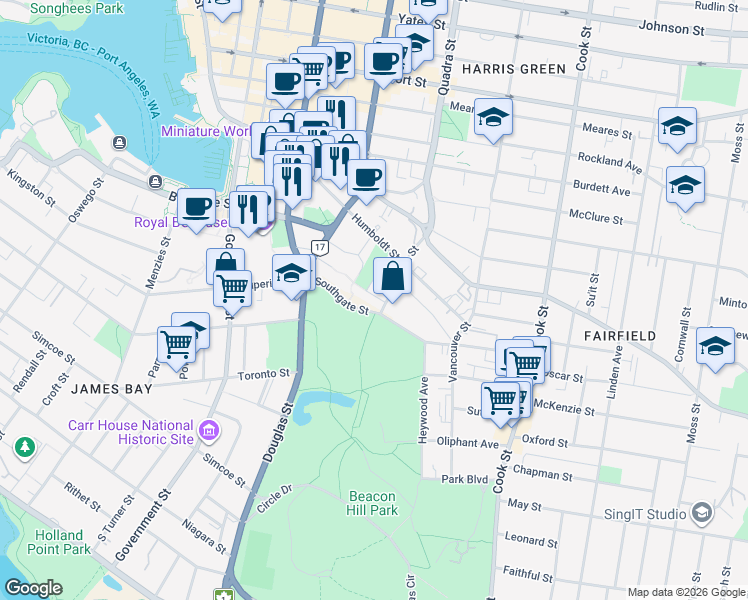 map of restaurants, bars, coffee shops, grocery stores, and more near 895 Academy Close in Victoria
