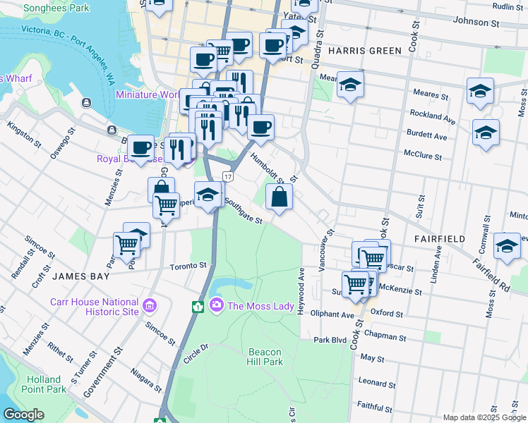 map of restaurants, bars, coffee shops, grocery stores, and more near 865 Academy Close in Victoria