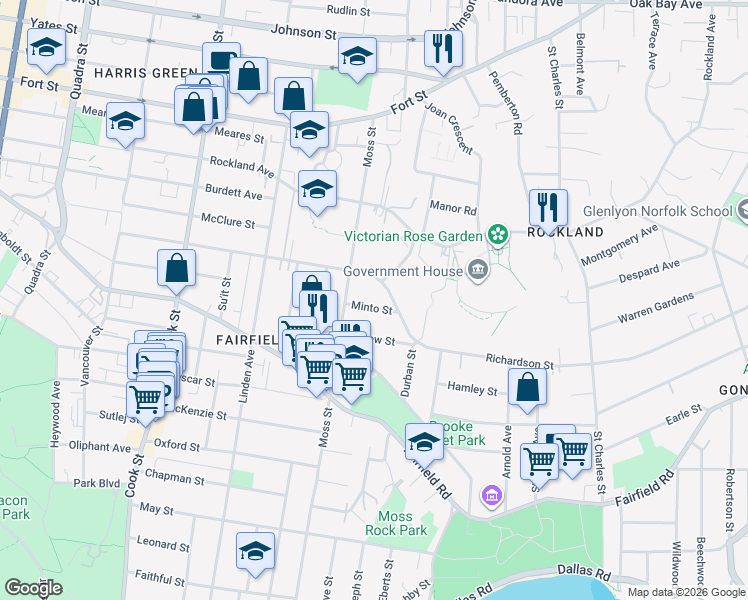 map of restaurants, bars, coffee shops, grocery stores, and more near 1330 Minto Street in Victoria