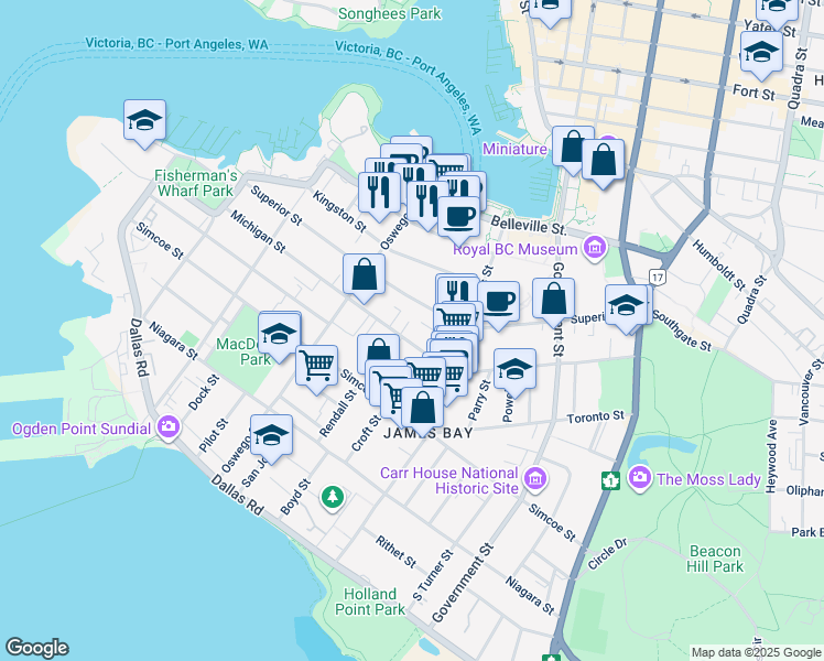 map of restaurants, bars, coffee shops, grocery stores, and more near 404 Michigan Street in Victoria