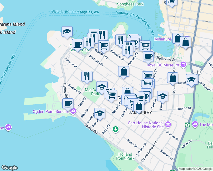 map of restaurants, bars, coffee shops, grocery stores, and more near 270 Simcoe Street in Victoria