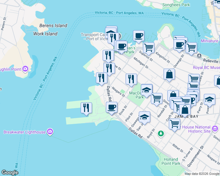 map of restaurants, bars, coffee shops, grocery stores, and more near 76A Dallas Road in Victoria