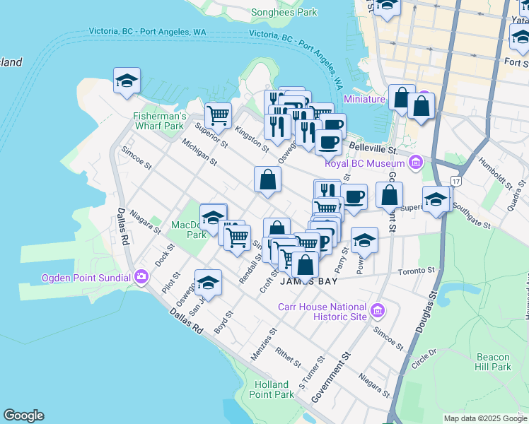 map of restaurants, bars, coffee shops, grocery stores, and more near 323 Michigan Street in Victoria