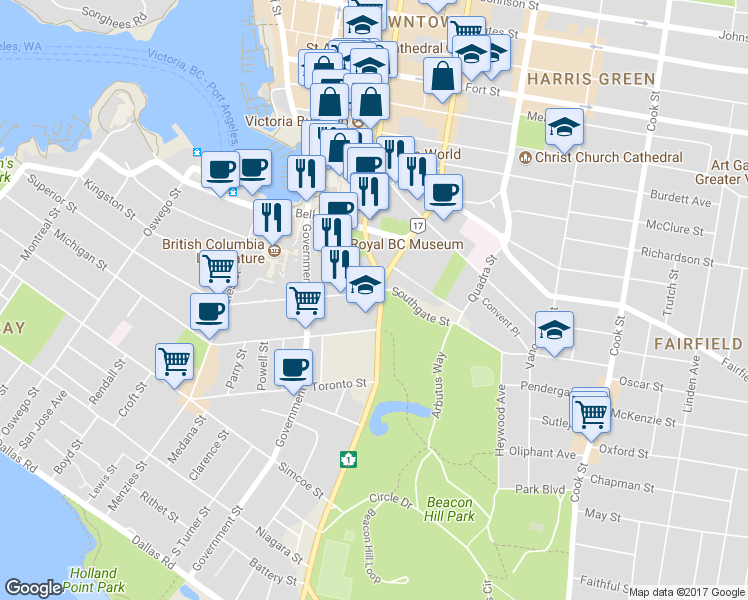 map of restaurants, bars, coffee shops, grocery stores, and more near 668-698 Superior Street in Victoria