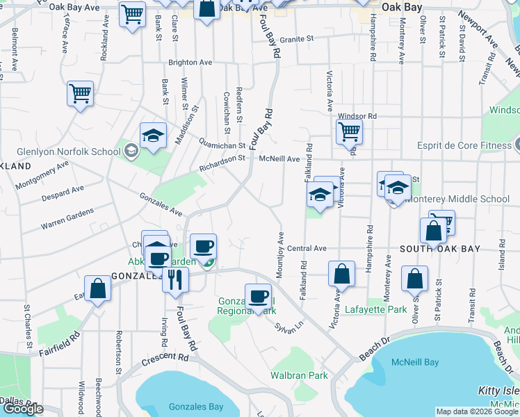 map of restaurants, bars, coffee shops, grocery stores, and more near 2023 Runnymede Avenue in Victoria