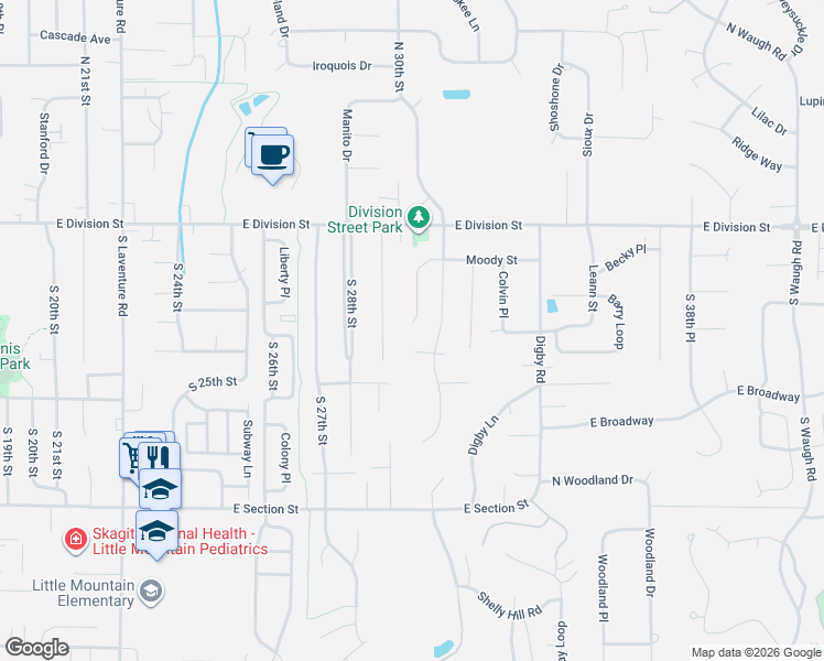 map of restaurants, bars, coffee shops, grocery stores, and more near 329 South 30th Place in Mount Vernon