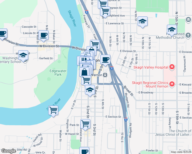 map of restaurants, bars, coffee shops, grocery stores, and more near 605 South 3rd Street in Mount Vernon