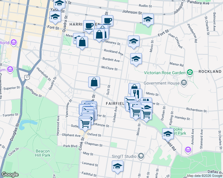 map of restaurants, bars, coffee shops, grocery stores, and more near 535 Trutch Street in Victoria