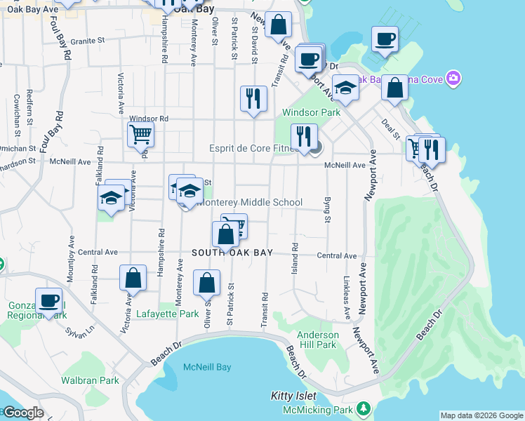 map of restaurants, bars, coffee shops, grocery stores, and more near 830 Transit Road in Victoria