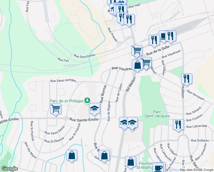 map of restaurants, bars, coffee shops, grocery stores, and more near 2101 Rue Burma in Saguenay