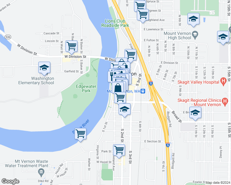 map of restaurants, bars, coffee shops, grocery stores, and more near 310 Pine Street in Mount Vernon