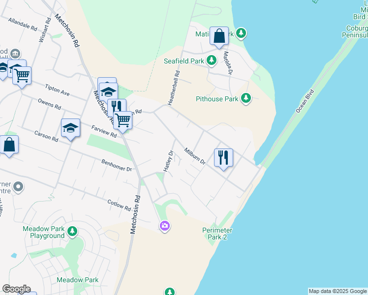 map of restaurants, bars, coffee shops, grocery stores, and more near 280 Milburn Drive in Victoria