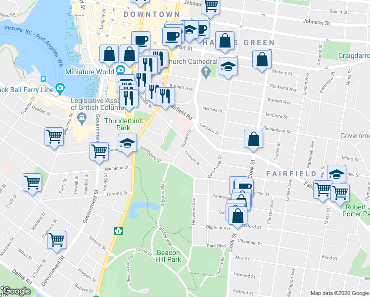 map of restaurants, bars, coffee shops, grocery stores, and more near 525 Quadra Street in Victoria