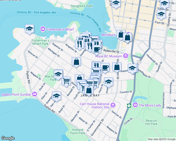 map of restaurants, bars, coffee shops, grocery stores, and more near in Victoria