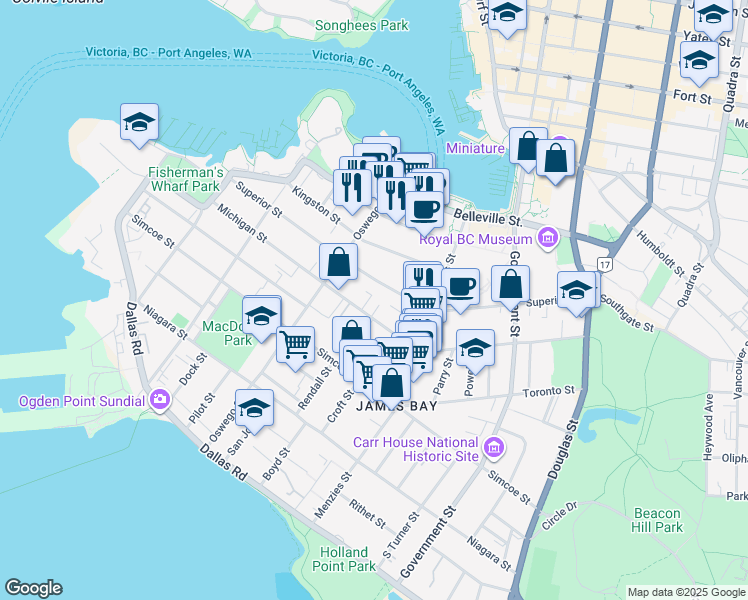 map of restaurants, bars, coffee shops, grocery stores, and more near in Victoria