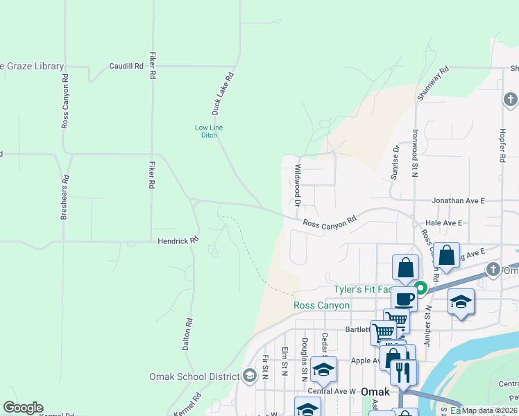 map of restaurants, bars, coffee shops, grocery stores, and more near 602 Briar Lane in Omak