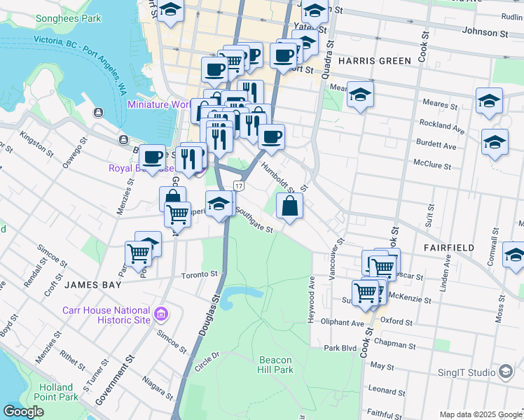 map of restaurants, bars, coffee shops, grocery stores, and more near Academy Close in Victoria