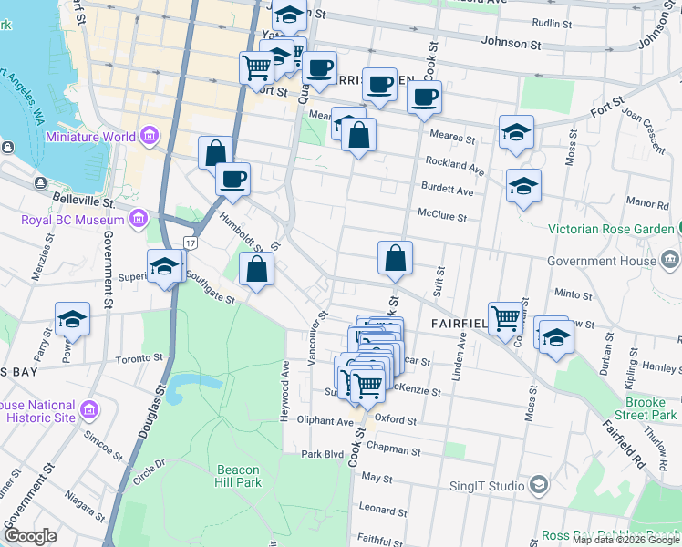 map of restaurants, bars, coffee shops, grocery stores, and more near 618 Vancouver Street in Victoria