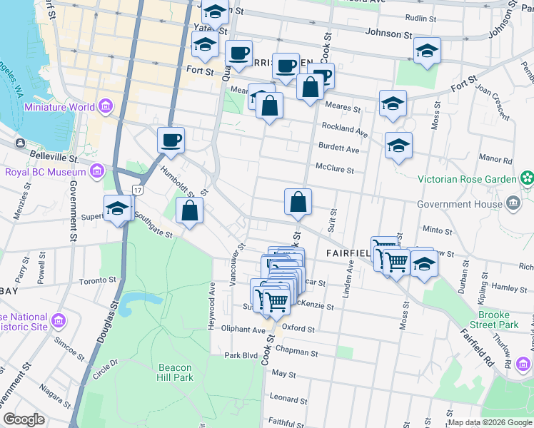 map of restaurants, bars, coffee shops, grocery stores, and more near 1024 Fairfield Road in Victoria