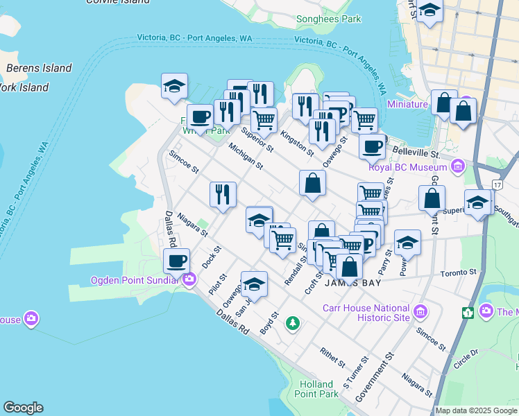 map of restaurants, bars, coffee shops, grocery stores, and more near 240 Simcoe Street in Victoria