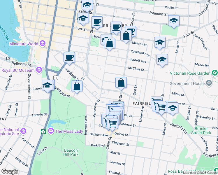 map of restaurants, bars, coffee shops, grocery stores, and more near 1024 Fairfield Road in Victoria