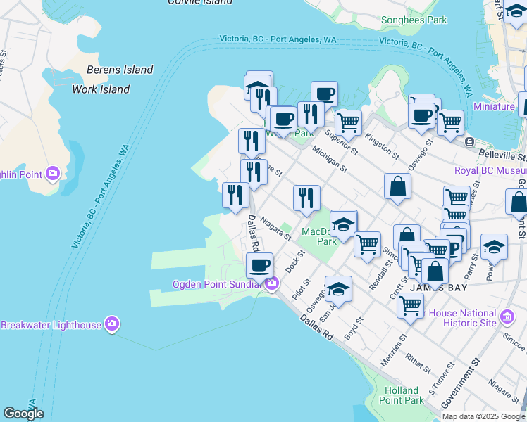 map of restaurants, bars, coffee shops, grocery stores, and more near 100 Niagara Street in Victoria