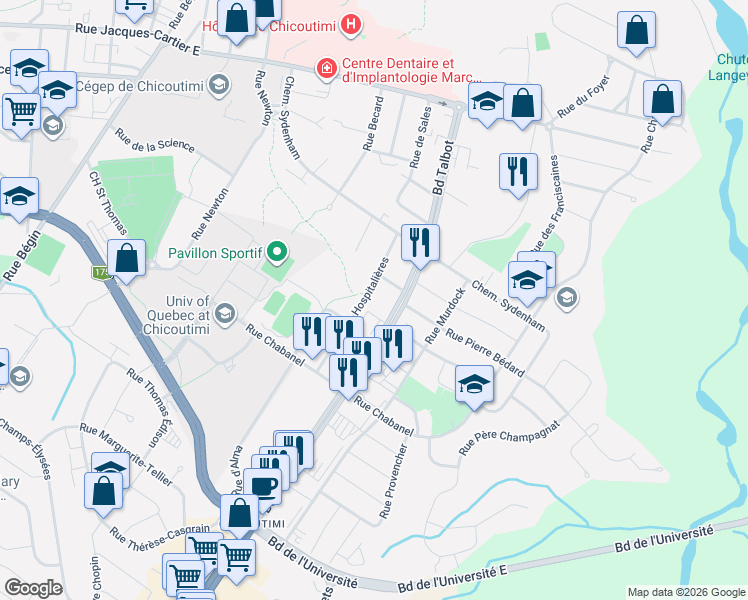 map of restaurants, bars, coffee shops, grocery stores, and more near 685 Rue des Hospitalières in Saguenay