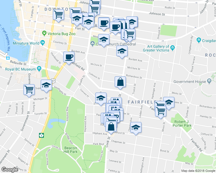 map of restaurants, bars, coffee shops, grocery stores, and more near 1024 Fairfield Road in Victoria