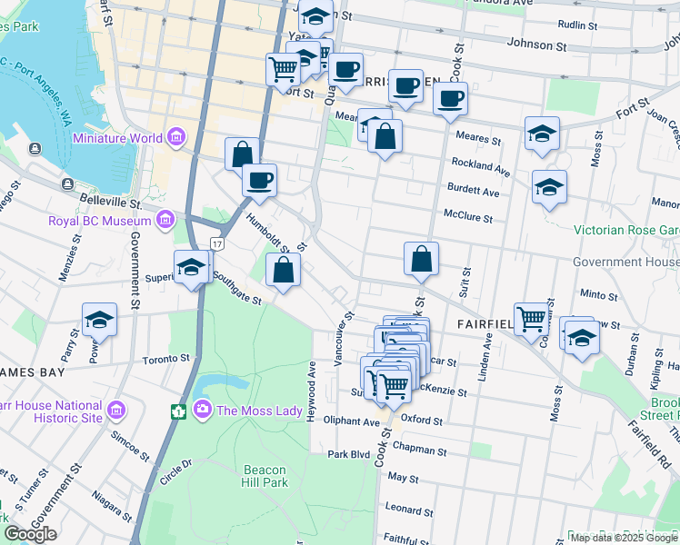 map of restaurants, bars, coffee shops, grocery stores, and more near 945 Fairfield Road in Victoria