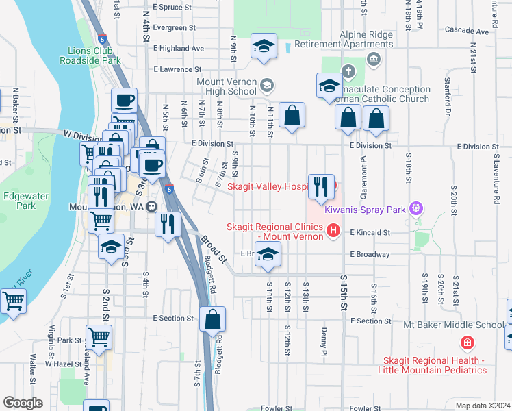 map of restaurants, bars, coffee shops, grocery stores, and more near 326 South 10th Street in Mount Vernon