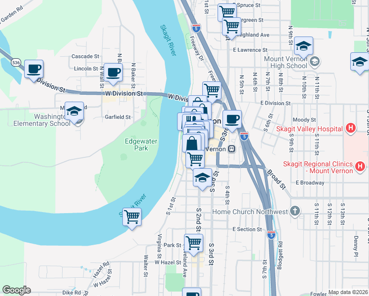 map of restaurants, bars, coffee shops, grocery stores, and more near 310 Pine Street in Mount Vernon