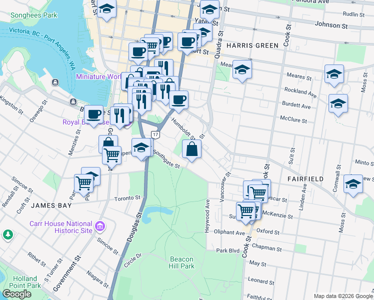 map of restaurants, bars, coffee shops, grocery stores, and more near 516 Quadra Street in Victoria
