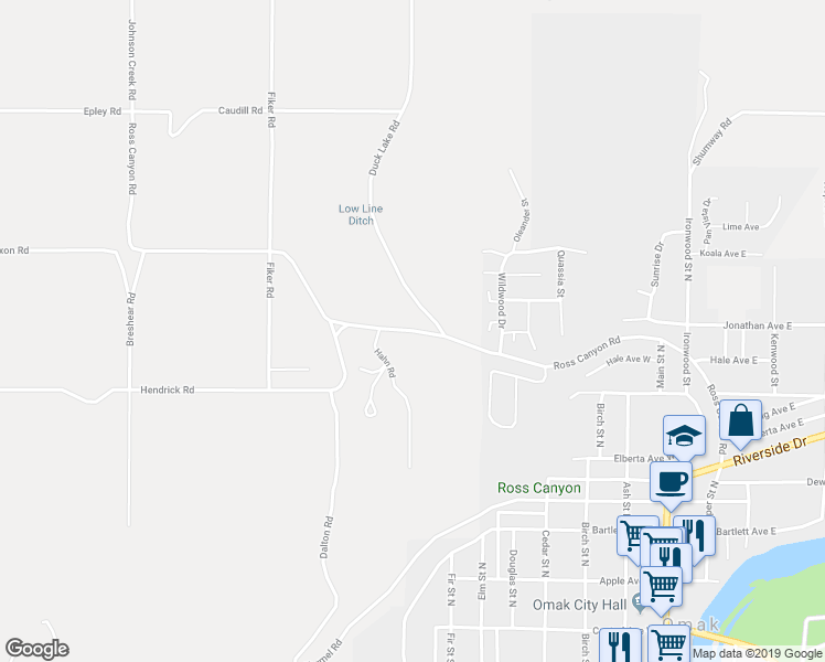 map of restaurants, bars, coffee shops, grocery stores, and more near Ross Canyon Road in Omak