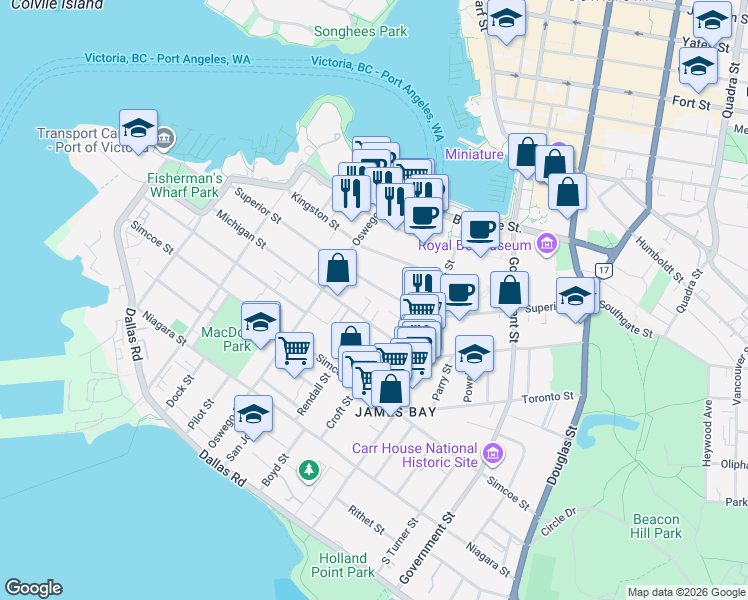 map of restaurants, bars, coffee shops, grocery stores, and more near 443 Superior Street in Victoria