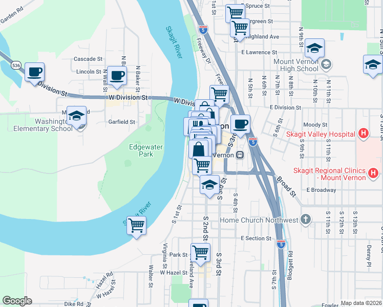 map of restaurants, bars, coffee shops, grocery stores, and more near 310 Pine Street in Mount Vernon