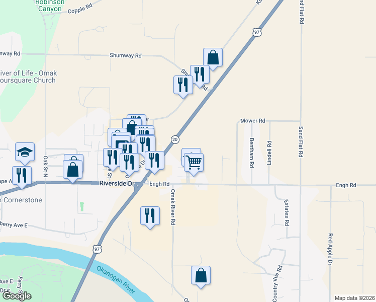 map of restaurants, bars, coffee shops, grocery stores, and more near 2 Laguna Place West in Omak