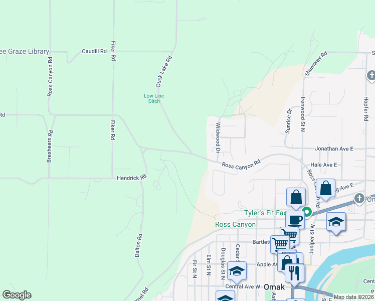 map of restaurants, bars, coffee shops, grocery stores, and more near Ross Canyon Rd in Omak