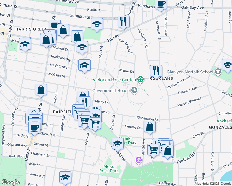 map of restaurants, bars, coffee shops, grocery stores, and more near 1361 Rockland Avenue in Victoria