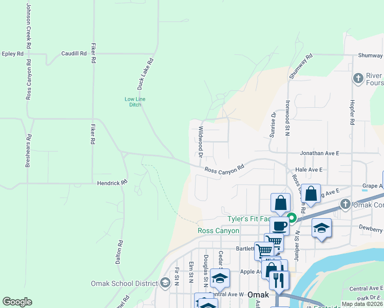 map of restaurants, bars, coffee shops, grocery stores, and more near 602 Briar Lane in Omak