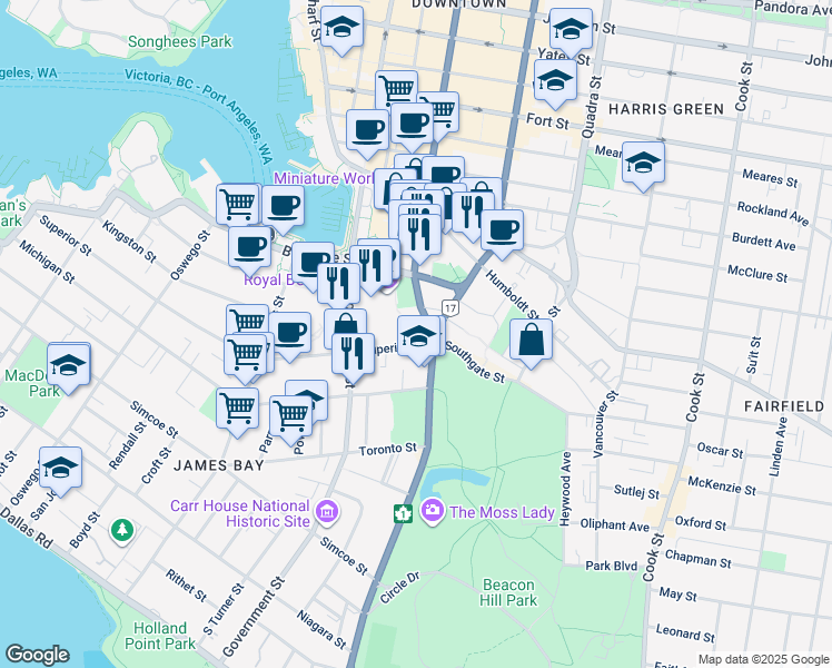 map of restaurants, bars, coffee shops, grocery stores, and more near 668 Superior Street in Victoria